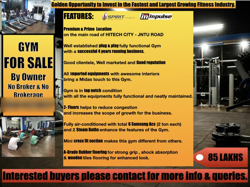 Gym for Sale in Hyderabad India seeking INR 85 lakh
